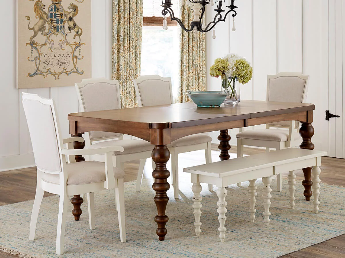 Mixing and matching different finishes, like on this Thornton Modern Dining Collection, can bring a completely different feel to a set or piece.