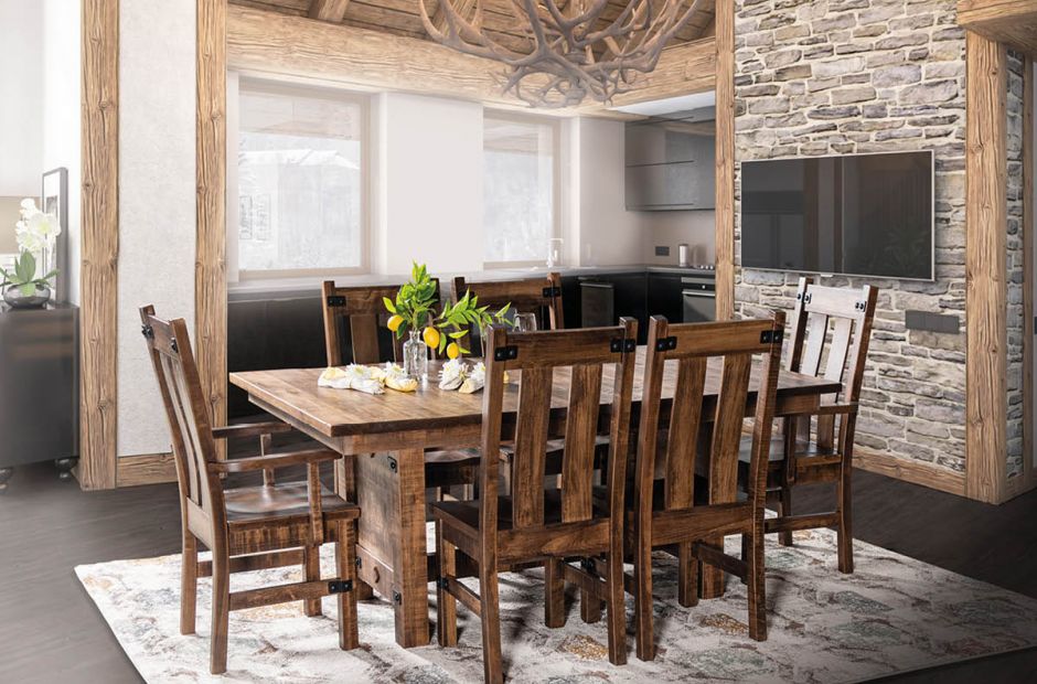 Somerton Rustic Dining Set, Amish Solid Oak Dining Chairs