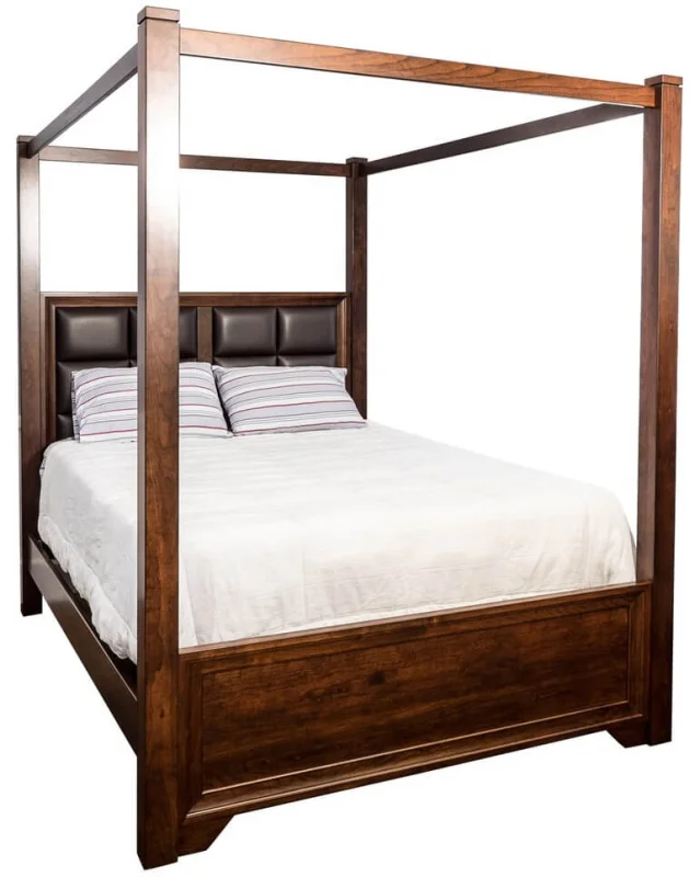 Birchwood Upholstered Canopy Bed With Modern Look - photographed with leather and cherry wood