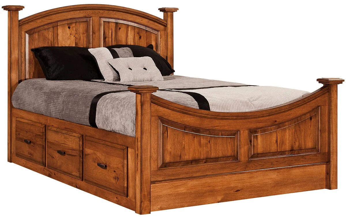 Chatham Amish Storage Bed With Wood Posts and Curved Headboard and Footboard and raised panels