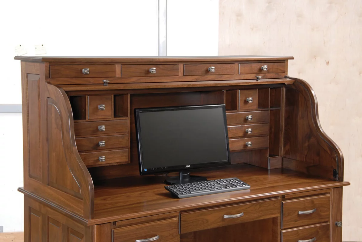 Walnut Roll Top Desk - Closeable Lid